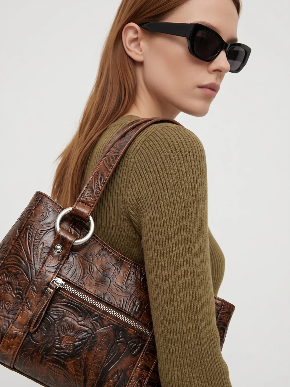 Nine West Brown Floral Faux Leather Shoulder Tote Bag Sliver Ring Accents